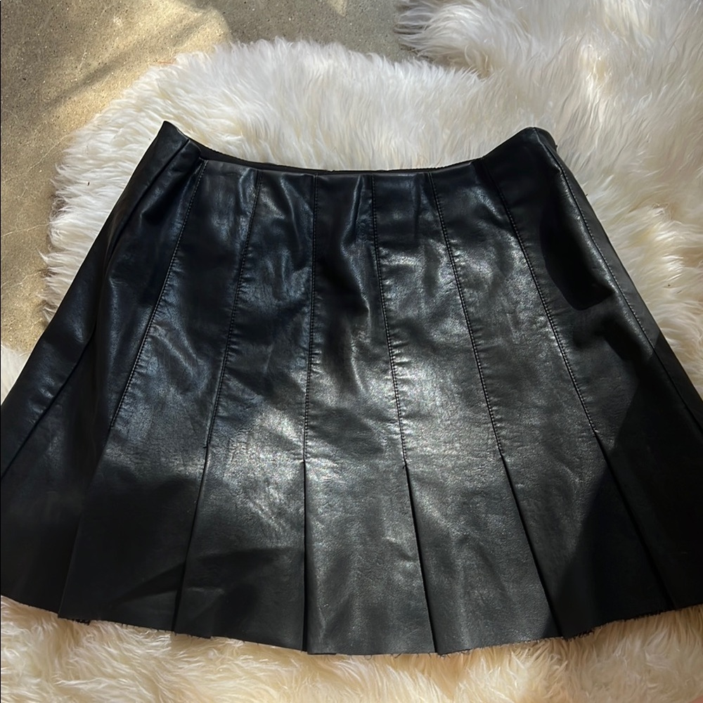 Black Pleated Faux Leather Skirt